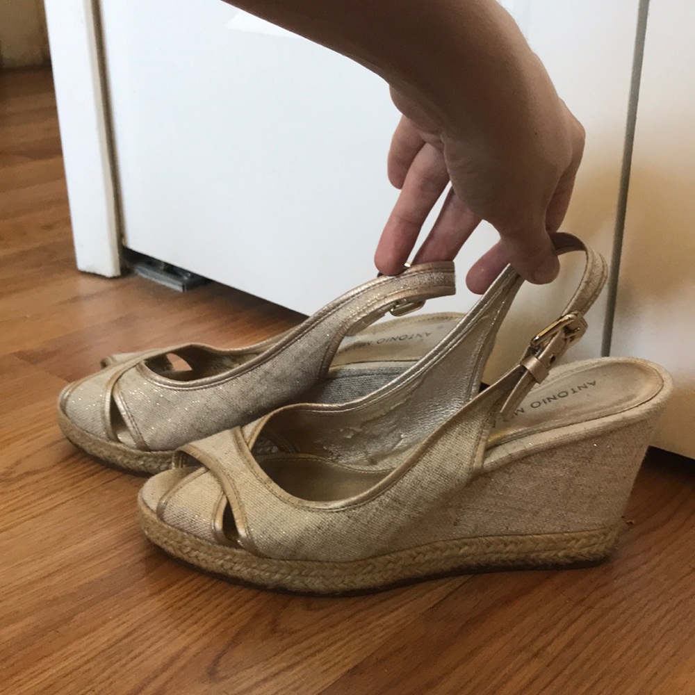 Antonio Melanin Gold Wedge Heels Size 9